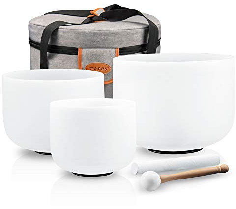 Ryan Dvan Juego de 3 cuencos de cristal de cuarzo esmerilado de 7 a 11 pulgadas con funda de transporte y golpeadores de gamuza
