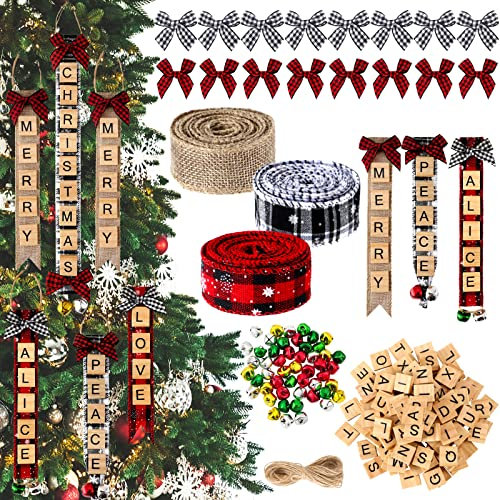 DIY Buchstaben Weihnachtsbaum Dekorationen Buchstaben Fliesen Weihnachten Dekor Holz Wörter Weihnachten Ornament mit Leinen Glocken Schleife hängende Großbuchstabe Weihnachtsbaum Ornament für