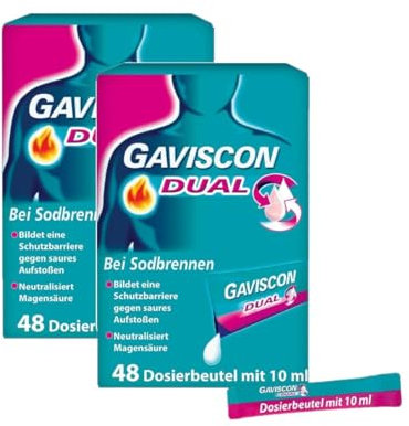 GAVISCON Dual Suspension - Magengel mit Zweifachwirkung - Lindert Sodbrennen & saures Aufstoßen, neutralisiert Magensäure - 2 x 48 Dosierbeutel