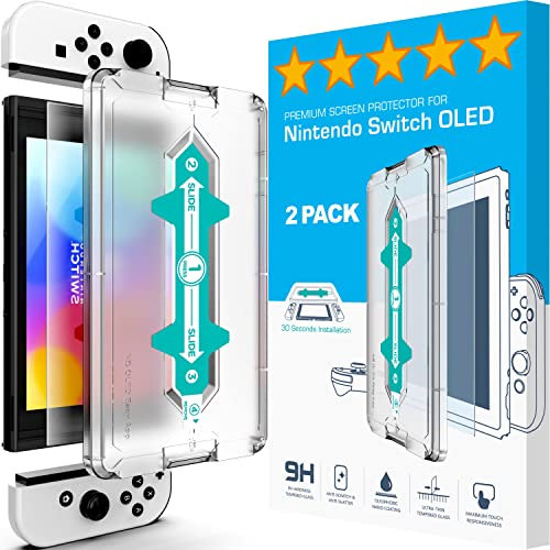 XeloTech Schutzglas für Nintendo Switch OLED mit Schablone zur Positionierung 2 Stück - Echter Dispalyschutz - Keine Folie aus Plastik - Echtes Glas - 7.0 Zoll