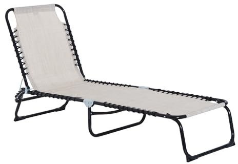 Outsunny Foldable Sun Lounger, Outdoor 4 Level Adjustable Backrest Reclining Chaise Chair, Steel Frame Recliner Chair for Camping, Hiking, Cream White