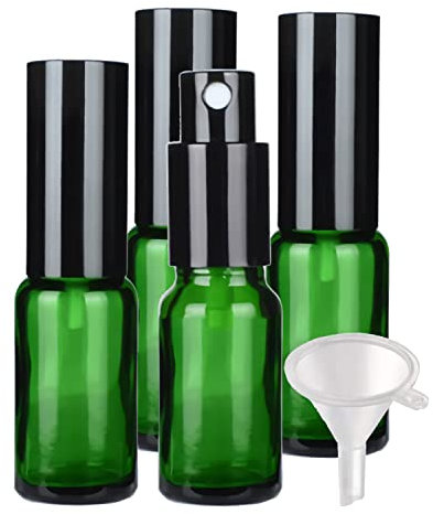 TIANZD 4 Piezas Botella de Cristal Verde con Bomba en Spray 20ml, Frasco de vidrio con Pulverizador Negro para Aceites Esenciales Perfume Envase Cosmético, Embudo