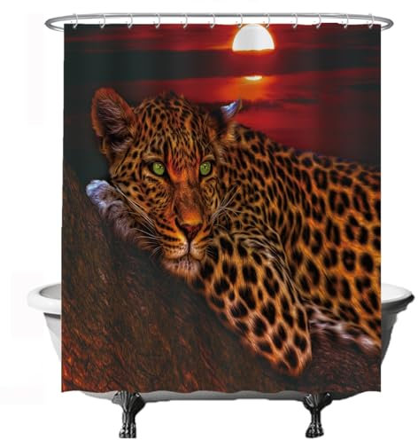 Ulticool Duschvorhang - Panther Leopard Natur Tiere - 180 x 200 cm - Waschbar - Anti Schimmel - mit 12 Ringen - Rot Ocker Orange Braun