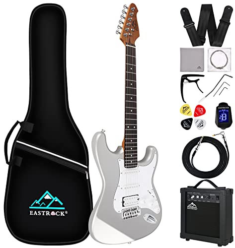 Eastrock E Gitarre Set E Guitar 39 Zoll Elektrogitarre mit Verstärker 10 Watt,Gitarre Tasche, Plektrum, Gurt, Stimmgerät, Instrumentenkabel, Ersatzsaiten,E Gitarren Set in Silber