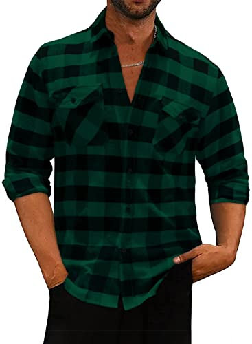 Meilicloth Flanellhemd Kariert Herren Kariertes Freizeithemd Langarm Casual Western Button Down mit Fronttasche Regular Fit Grün Schwarz L