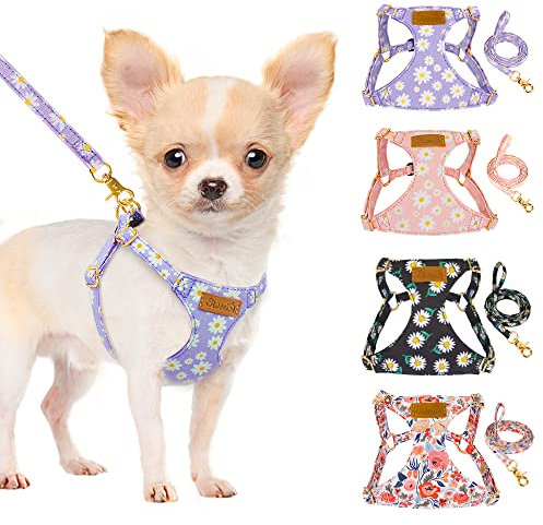 SlowTon Hundegeschirr mit Leine, No-Pull leichtes weiches Wildleder-Welpengeschirr mit Blumenmuster und Schnappschnalle, verstellbares Geschirr Hund für kleine und mittelgroße Hunde(Lila, S)
