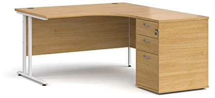 Mr Office Maestro 25 right hand ergonomic desk with white cantilever frame and desk high pedestal bundle, Oak, 1400