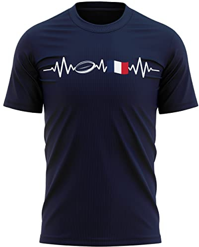 T-shirt de rugby pour homme avec drapeau de la France et battement de cœur