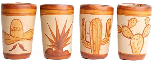 MEXTEQUIL,Tequila Schnapsgläser – Set mit 4 mexikanischen Terrakotta-Schnapsgläsern – 57 ml – natürlicher und bunter Ton – Barro Canelo & Capulineado – handgefertigt handbemalt (mexikanische Artikel)