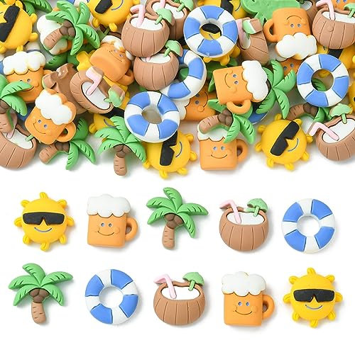 Ipotkitt 100 Stück ohne Loch Cartoon Strand Cabochons Flatback Sommer Bier Sonne Kokosnuss Baum und Milch Schwimmring Perlen Charms für DIY Handwerk Zubehör