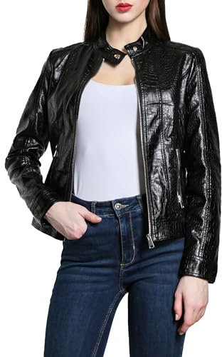 JOPHY & CO. Giacca Corta Donna Ecopelle con Tasche, Cerniere e Scollo Coreana (cod. 8820) (Nero Coccodrillo (cod. 8820), XL)