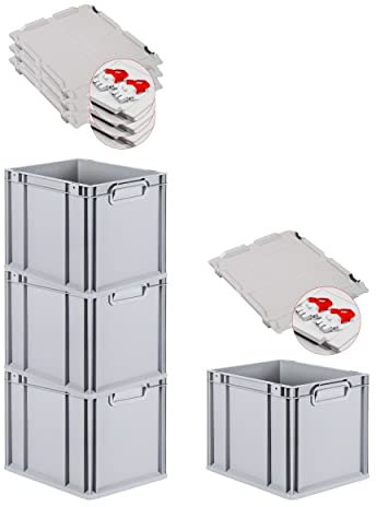 PROREGAL SuperSparSet 4x Eurobox NextGen Grip mit Scharnierdeckel und roten Schiebeschnappverschlüssen, HxBxT 32x30x40cm, 30 L, Grau, Griffe geschlossen, Eurobehälter, Transportbox
