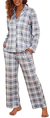 Famulily Karierte Pyjamas für Frauen Weiche Schlafwäsche Button Down Baumwolle Top und Hosen 2-Pcs Lounge Outfits Grau L