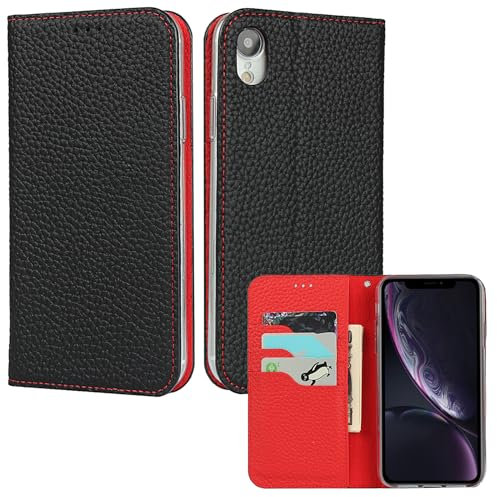 ELTEKER Hülle iPhone XR Handyhülle [Echtes Leder] Klapphülle mit Kartenfach,Schutzhülle Leder Hülle für iPhone XR-Schwarz