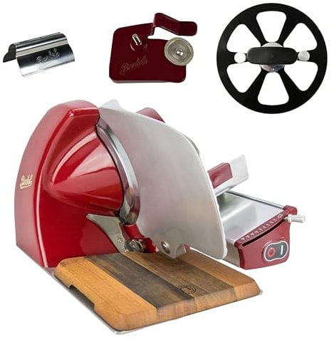 Berkel Affettatrice Home Line 250 in rosso – Affettatrice Premium con tagliere fatto a mano + tagliacoltelli + inserto abrasivo + pinza da affettare