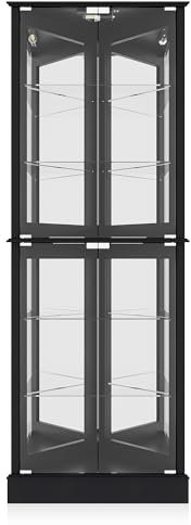 BELLEZE Beleuchtetes Akzentdisplay aus gehärtetem Glas, Türen und Regale, klassischer Holzschrank mit Glühbirne, Eckregal für Wohnzimmer, Schlafzimmer und Küche, holzig (schwarz)