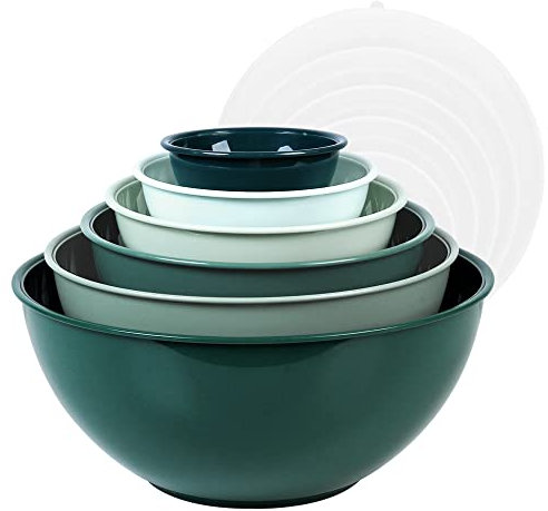 BoxedHome Lot de 12 bols mélangeurs avec couvercle, bols mélangeurs en plastique antidérapants et empilables pour la cuisine (6 bols et 6 couvercles, vert)