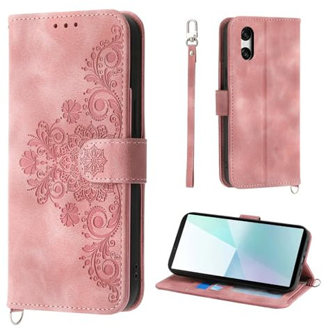 Auslbin Hülle für Sony Xperia 10 VI 5G 6.5 Blumen Tasche, 5 Kartenfächer Handyhülle für Xperia 10 VI 5G Vintage-Stil PU-Leder Flip Schutzhülle, Rosa
