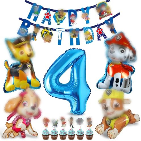 Hund Patrol Geburtstag Deko, Luftballon 4. Geburtstagsdeko, Deko Geburtstag 4. Junge, Hund Patrol Ballons, Blauer Folienballon Zahl 4, Banner, Kuchen Deko für 4 Jahre Kindergeburtstag Party