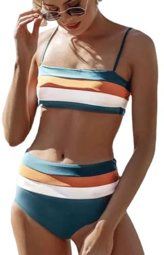 DFXIU Le Rainbow Stripe Gymnastique pagaie Taille Haute Maillot de Bain Femmes Mouvement Ensemble Bikini EU36 Vert Marron Blanc