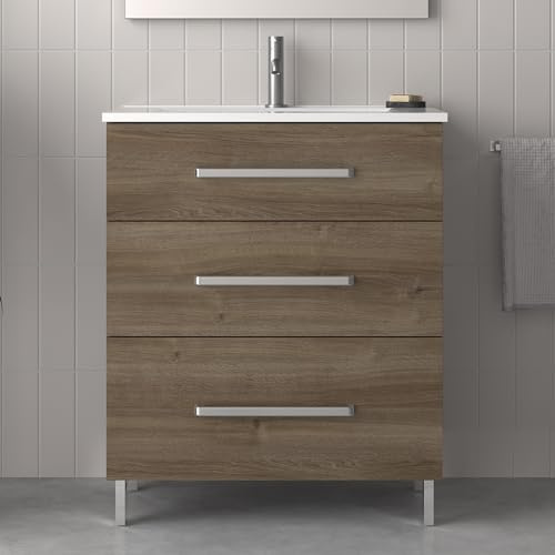 AMIZUVA - Conjunto de Mueble de Baño Serie Madrid, Incluye Lavabo Cerámico y Tirador Metálico, Acabado en Roble Vulcano - Dimensiones 70x74x45 cm