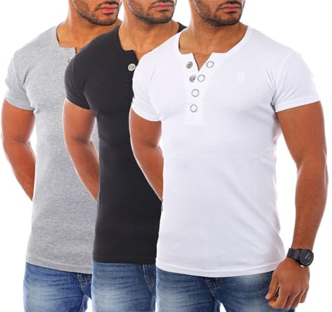 Young & Rich Herren Uni feinripp T-Shirt mit Knopfleiste Big Buttons große Knöpfe 1872, Grösse:S, Farbe:Weiß/Schwarz/Grau (3er Pack)