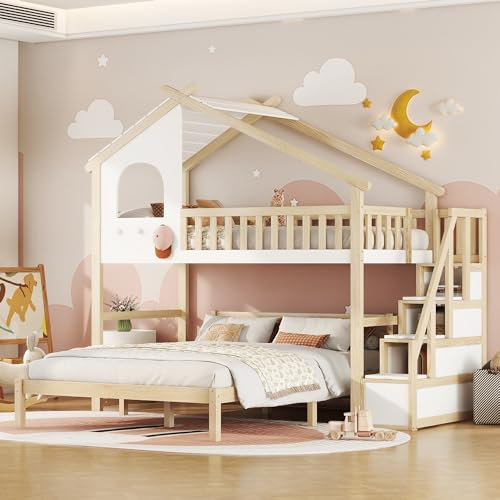 MQLAE Hochbett mit Treppe, Hausbett 90x200cm&140x200cm(unteres Stockwerk), Etagenbett 3 Kinder, Kinderbett mit Rausfallschutz, Bett mit Lattenrost, Stauraumleiter, Weiß+Natur
