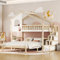MQLAE Hochbett mit Treppe, Hausbett 90x200cm&140x200cm(unteres Stockwerk), Etagenbett 3 Kinder, Kinderbett mit Rausfallschutz, Bett mit Lattenrost, Stauraumleiter, Weiß+Natur