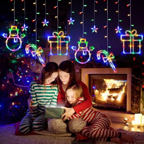 LOLStar Weihnachtsdeko, 180 LED mehrfarbige hängende Weihnachtsfensterlichter, Schneemann Süßigkeiten Rohr und Geschenkbox, Indoor String Lichter 8 blinkende Modes Vorhang Lichter für Neujahr
