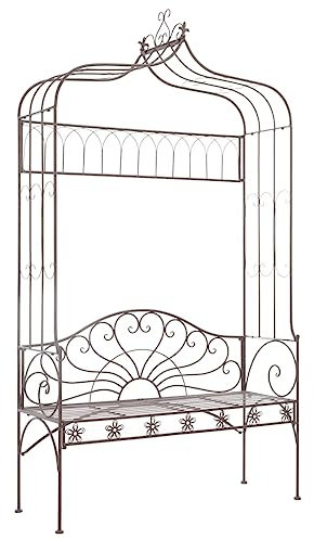 Makastle Gartenbank mit Pergola, Laubenbank Eisen Antik Sitzbank Rankhilfe Rosenbogen Parkbank Gartenmöbel, 122 x 43 x 220 cm Braun