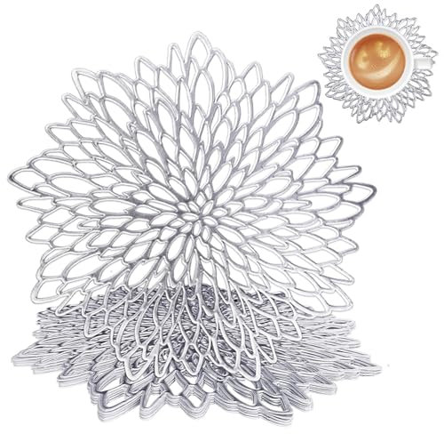 wiipara 12er Set Platzsets Tischsets Abwaschbar, Moderne PVC Platzdeckchen Rund, Weihnachten Dekorative Tischunterlage Esstisch Platzteller Platzset Rund für Zuhause Hochzeit (Silber, mit Untersetzer)