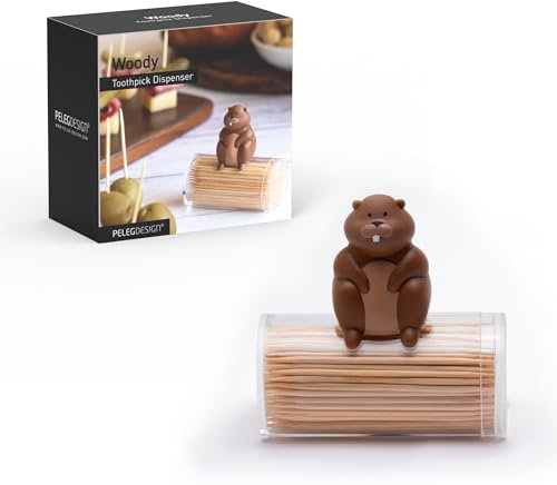 PELEG DESIGN Woody - Dispenser per stuzzicadenti in legno a forma di castoro, in plastica resistente, gadget da cucina divertente e divertente