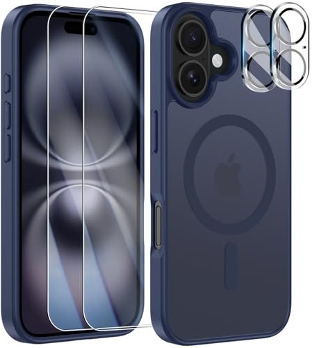 YisrLery 5-in-1 Kompatibel mit iPhone 16 Hülle für Mag Safe mit 2 Stück Schutzfolie und 2 Stück Kameraschutz Militärnorm Schutz, PC Kratzresistente Rückseite Stoßfest Magnetische Hülle 6.1- Dunkelblau