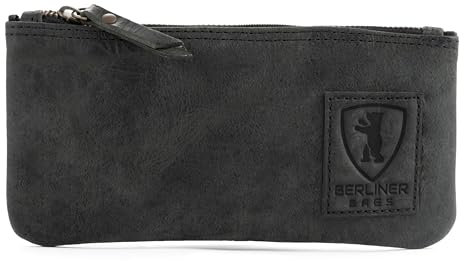 Berliner Bags Vintage Federmäppchen Etui aus Leder mit YKK-Reißverschluss, Robuste Federmappe für Stifte und Zubehör - Dunkelgrau