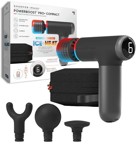 Sharper Image PowerBoost Pro+ Compact Percussion Massage Gun - Portable Hot & Cold Therapy, Electric Small Massager Gun with 4 Attachments & 6 Speeds, Deep Tissue Vibrating Massager for Muscle Relief