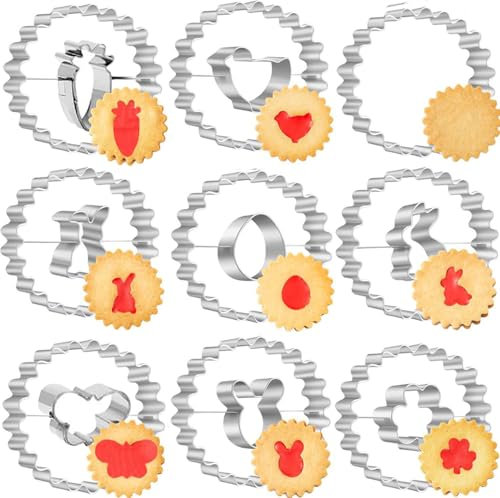 9 Stück Linzer Ausstecher Ostern, Oster Ausstechform Hasen Osterei Ei Plätzchen Linzer Keksausstecher Edelstahl Ausstechformen für Party Backen DIY (round)