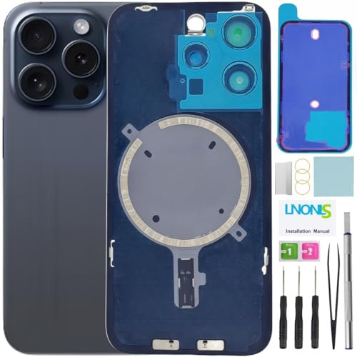 LNONLS 15 Pro Back Glass Replacement for iPhone 15 Pro Rear Back Cover Glass Waterproof and Camera Lens+Professional Repair Tool Kit (Blue Titanium)