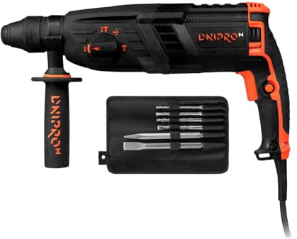 Martillo Perforador Dnipro-M RH-16, 1000W, 3.4J, SDS-Plus, 1150 RPM, 4850 BPM, Ø Máx. Hormigón 30mm, Ø Madera 35mm, Ø Acero 16mm, Cable de 4m, Incluye Juego de Brocas y Cinceles, Estuche