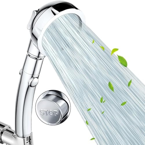 VewePata Shower Pommeau de douche à économie d'eau haute pression avec interrupteur marche/arrêt 3 modes de jet Aspect chromé (Pomme de douche argentée)