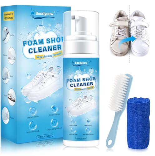 soodyoow Shoe Cleaner Kit, 200ml White Trainer Cleaner, Shoe Cleaning Kit with Brush & Towel, No-Rinse Foam Sneaker Cleaner Removes Dirt & Stains for Shoes, Sneaker, Canvas, PU Leather