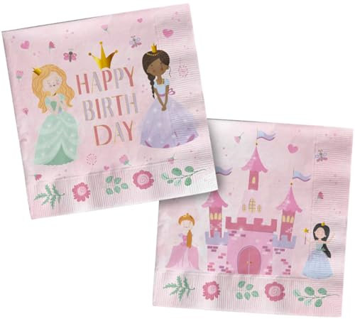 Folat 27487 Prinzessin Geburtstag Deko Rosa - Servietten - Pretty Princess - 33 x 33 cm - 20 Stück - Prinzessin Partygeschirr für Prinzessinparty