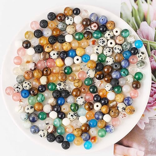 HERZWILD 200pcs Natürliche Edelstein Perlen 6mm Runde Edelsteinperlen mit Loch zum Schmuck Basteln Auffädeln DIY Armband Halsketten Schmuckherstellung (B)