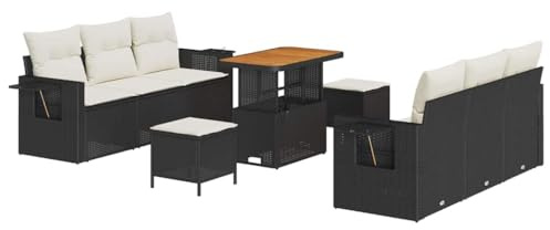 vidaXL 9-teiliges Garten-Sofa-Set mit cremefarbenen Kissen, schwarzem Poly-Rattan, Akazie, verstellbaren Outdoor-Möbeln, für 6 Personen. Modernes Design, perfekt für Terrasse, Balkon oder Veranda.