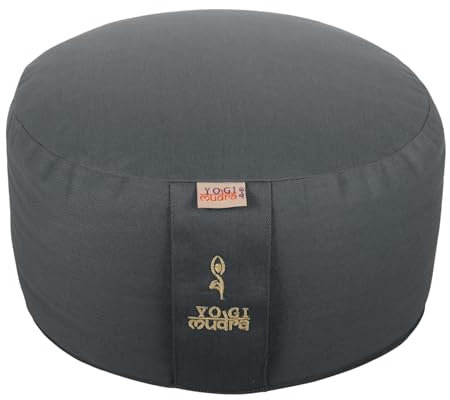 Yogakissen rund 33x20cm – Meditationskissen mit Bio-Dinkelfüllung aus Deutschland, waschbarer Bezug aus 100 % Baumwolle, mit Tragegriff, Kordelzug, Flap & Inlett mit Reißverschluss (Grau)