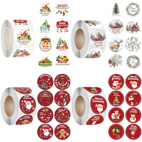 WEDAMOO 2000 Stück Aufkleber Weihnachten, Sticker Weihnachten, Weihnachtsaufkleber Selbstklebend, Rund Frohe Weihnachtssticker für Pakete, Briefe, Geschenktüten