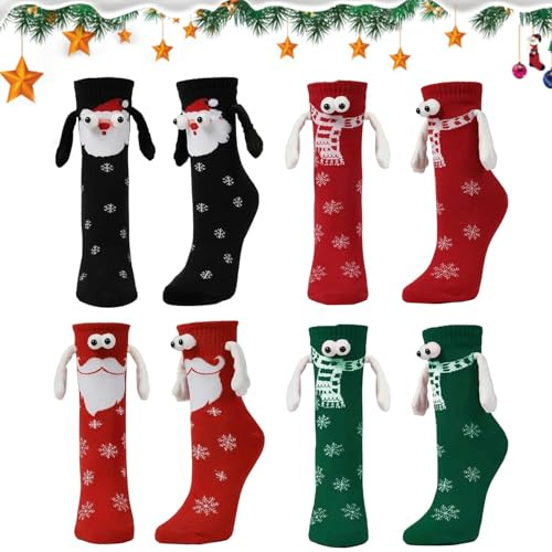 4 Paar Weihnachtssocken mit mag-netarmen, Hand in Hand Socken, Lustige mag-netische Weihnachten Socken, mag-netische Weihnachtssocken, Lustige Freundschaftssocken, Geschenk für Paare Familie