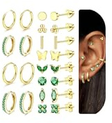Hypoallergene Ohrringe Gold Chirurgenstahl Medizinische Ohrstecker Creolen | 14K Vergoldet Ohrringe Set Doppelseitige Stern Herz Knorpel Conch Tragus Helix Creolen Piercing Ohr für Damen Wasserfest