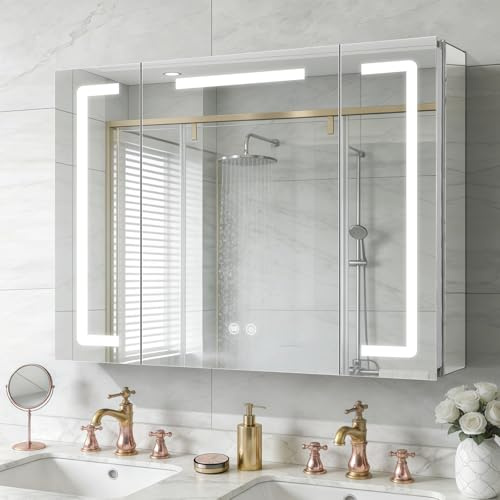 KAASUNES 31.8x24inch Smart LED Bathroom Aluminum Mirror Cabinet with Anti-Fog, 3-Color Dimmable Light, USB/Shaver Socket & Sensor Cabinet Light –, Adjustable Glass Shelves