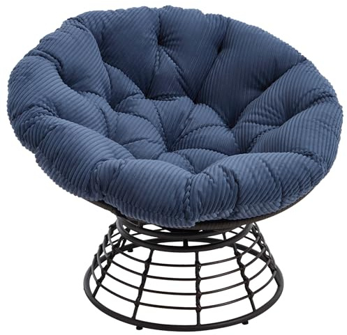 SEEDWAVE Drehbarer Papasan-Stuhl mit Stahlgestell, Relaxsessel mit weichem, abnehmbarem Kissen und Schutzpolster, bequemer Loungesessel für Wohnzimmer, Schlafzimmer und Balkon (Dunkelblau Cord)
