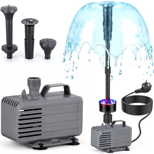 Teichpumpe Springbrunnenpumpe aussen 220V,Springbrunnen Pumpe aussen mit 3200L/H Einstellbarem Durchfluss, 3 Düsen, LED Beleuchtung, Leise, Energiesparend, Ideal für Teich, Fischbecken & Wasserspiele